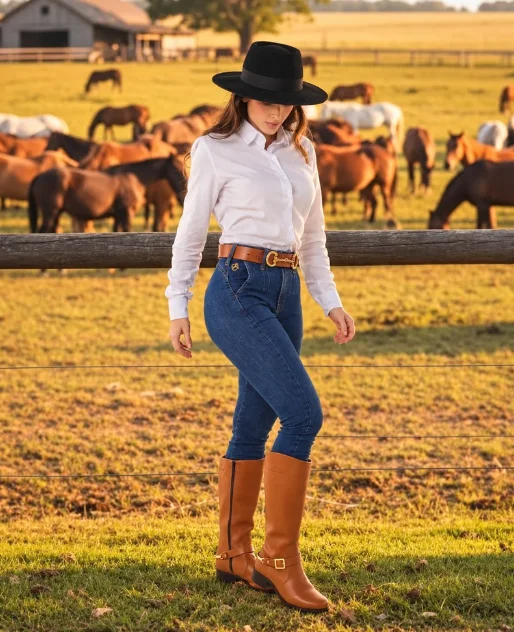 Modelo de chapéu e camisa branca usando bombacha Maragata no campo