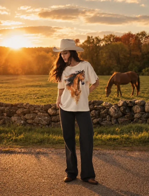 Modelo usando camiseta com estampa de cavalo Maragata